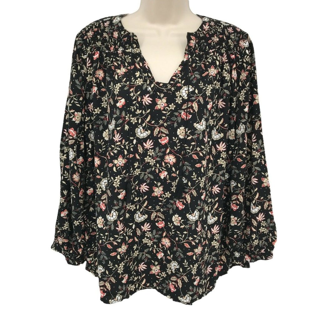 Old Navy Long Sleeves Tassel Floral Black Blouse M